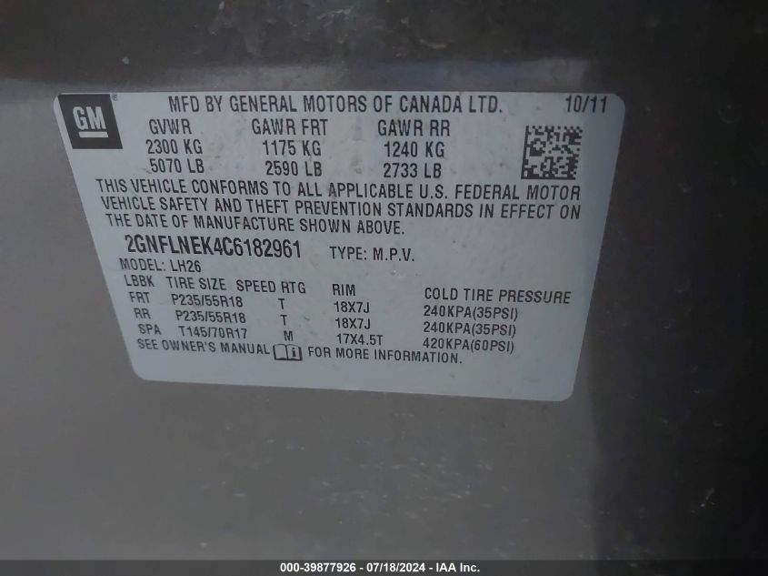 2012 Chevrolet Equinox 2Lt VIN: 2GNFLNEK4C6182961 Lot: 39877926