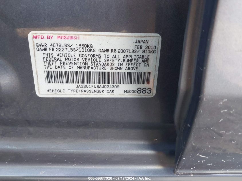 2010 Mitsubishi Lancer De VIN: JA32U1FU8AU024309 Lot: 39877928