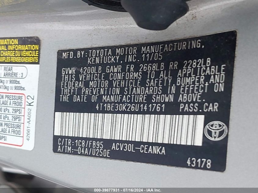 4T1BE30K26U141761 2006 Toyota Camry Le