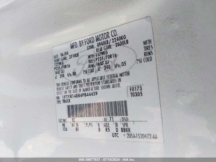 2004 Ford Ranger Edge VIN: 1FTYR14E84PB44459 Lot: 39877937