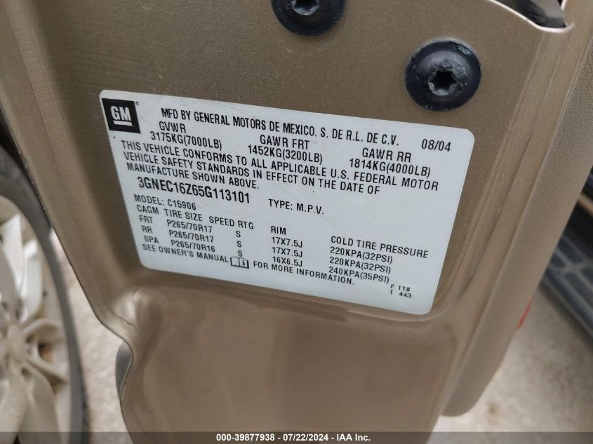 2005 Chevrolet Suburban 1500 Lt VIN: 3GNEC16Z65G113101 Lot: 39877938