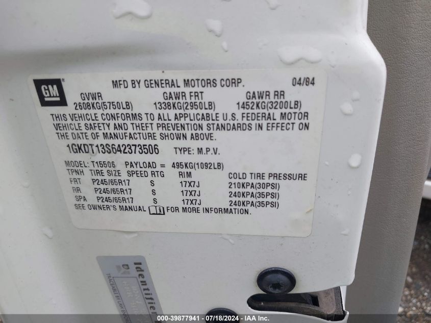 2004 GMC Envoy Sle VIN: 1GKDT13S642373506 Lot: 39877941