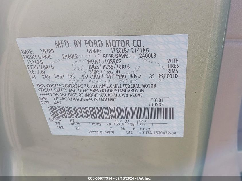 2009 Ford Escape Hybrid VIN: 1FMCU49369KA78950 Lot: 39877954