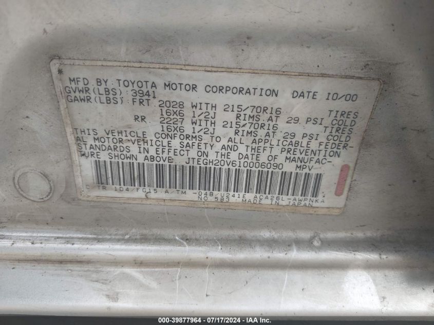 2001 Toyota Rav4 VIN: JTEGH20V610006090 Lot: 39877964