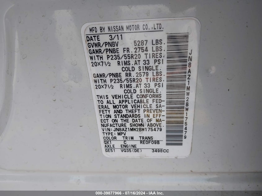 2011 Nissan Murano Le VIN: JN8AZ1MW2BW175479 Lot: 39877966