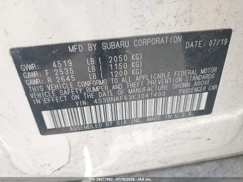 2019 Subaru Legacy 2.5I Premium VIN: 4S3BNAF63K3041400 Lot: 39877982