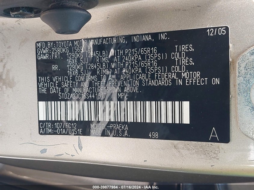 2006 Toyota Sienna Le VIN: 5TDZA23C16S441017 Lot: 39877984