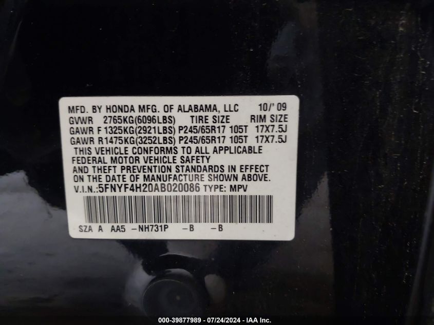 2010 Honda Pilot Lx VIN: 5FNYF4H20AB020086 Lot: 39877989