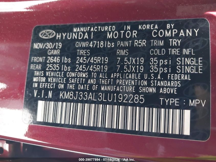 2020 HYUNDAI TUCSON SPORT - KM8J33AL3LU192285