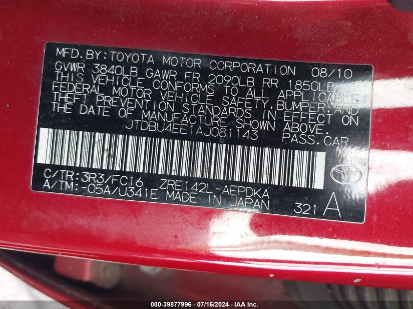 2010 Toyota Corolla Le VIN: JTDBU4EE1AJ081143 Lot: 39877996