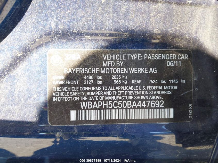 2011 BMW 328I VIN: WBAPH5C50BA447692 Lot: 39877999