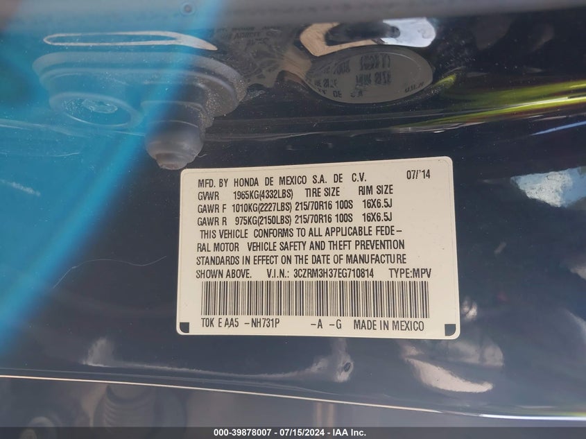 2014 Honda Cr-V Lx VIN: 3CZRM3H37EG710814 Lot: 39878007