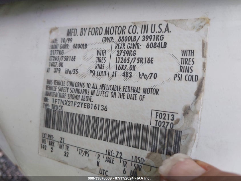2000 Ford F250 Super Duty VIN: 1FTNX21F2YEB16136 Lot: 39878009