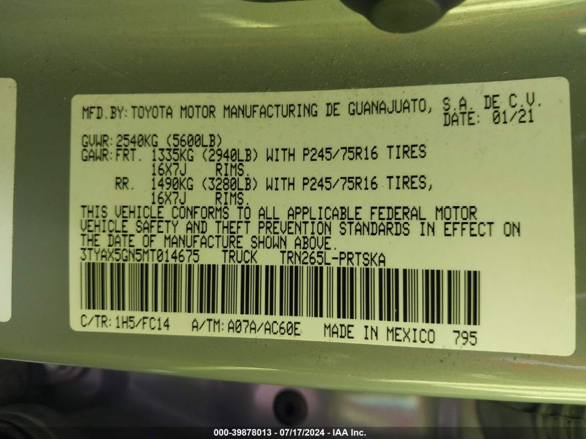 2021 Toyota Tacoma Sr5 VIN: 3TYAX5GN5MT014675 Lot: 39878013