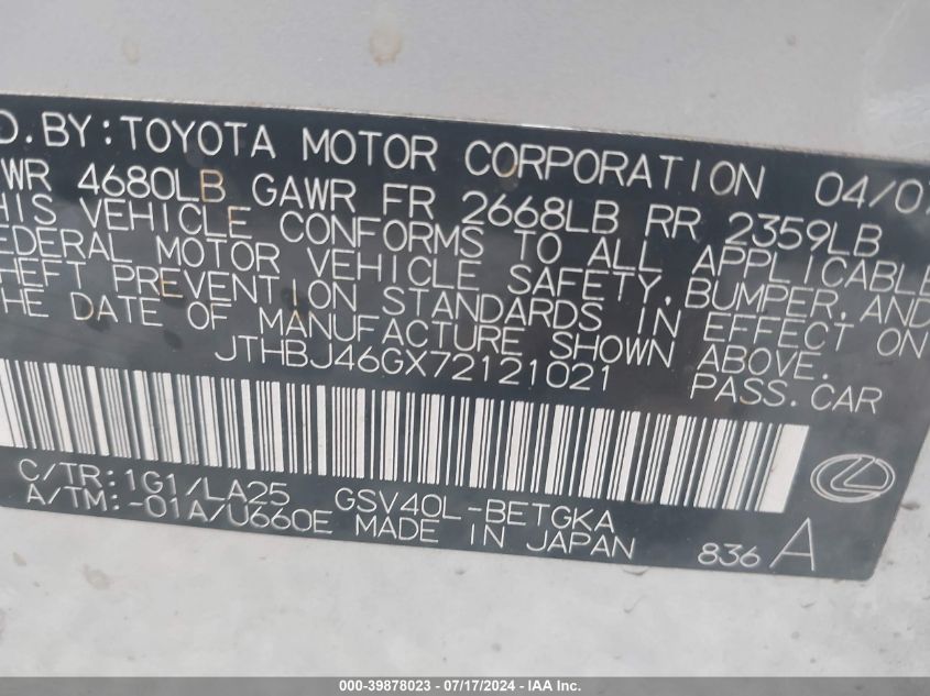 2007 Lexus Es 350 VIN: JTHBJ46GX72121021 Lot: 39878023