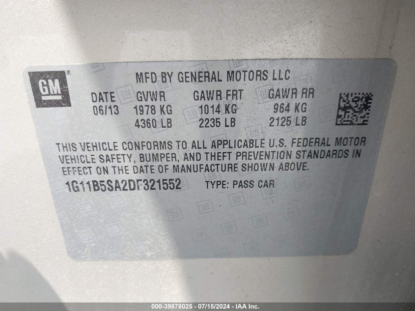 2013 Chevrolet Malibu 1Ls VIN: 1G11B5SA2DF321552 Lot: 39878025