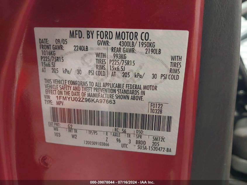 2006 Ford Escape Xls/Xls Manual VIN: 1FMYU02Z96KA97663 Lot: 39878044