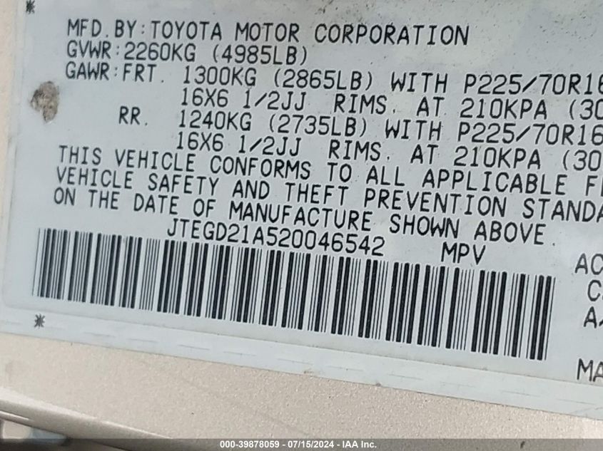 2002 Toyota Highlander VIN: JTEGD21A520046542 Lot: 39878059