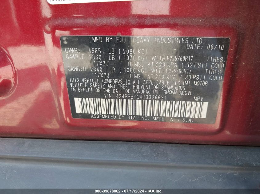 2011 Subaru Outback 2.5I Limited VIN: 4S4BRBKCXB3326631 Lot: 39878062