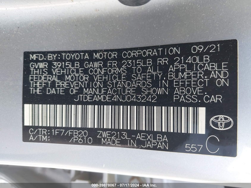 2022 TOYOTA COROLLA LE - JTDEAMDE4NJ043242