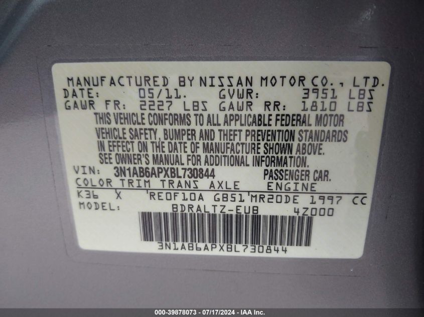 2011 Nissan Sentra 2.0S VIN: 3N1AB6APXBL730844 Lot: 39878073