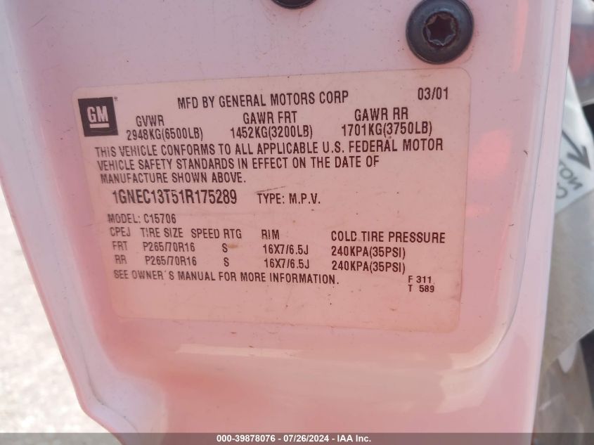 2001 Chevrolet Tahoe Lt VIN: 1GNEC13T51R175289 Lot: 39878076