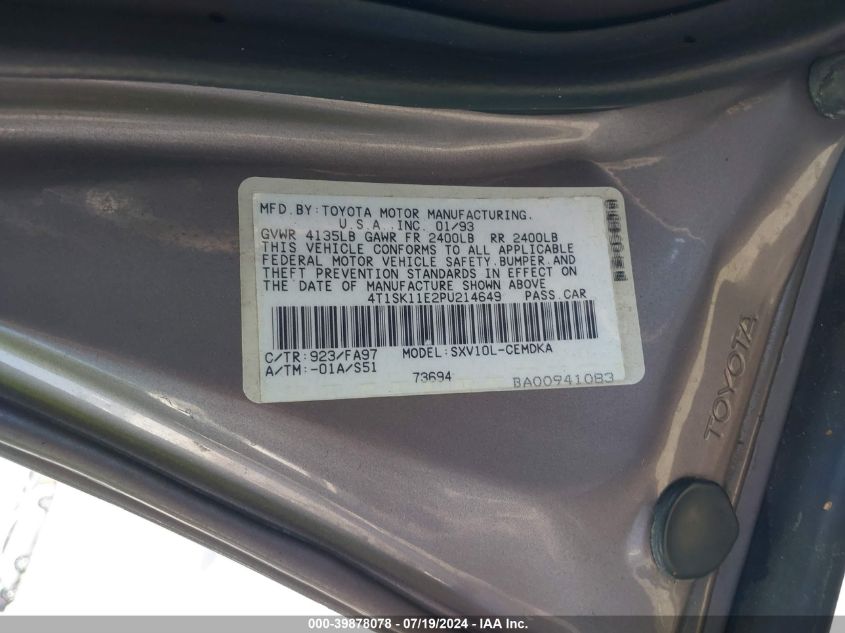 1993 Toyota Camry Dx VIN: 4T1SK11E2PU214649 Lot: 39878078