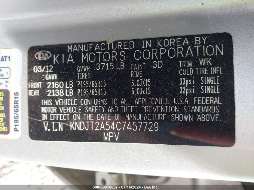 2012 Kia Soul VIN: KNDJT2A54C7457729 Lot: 39878087