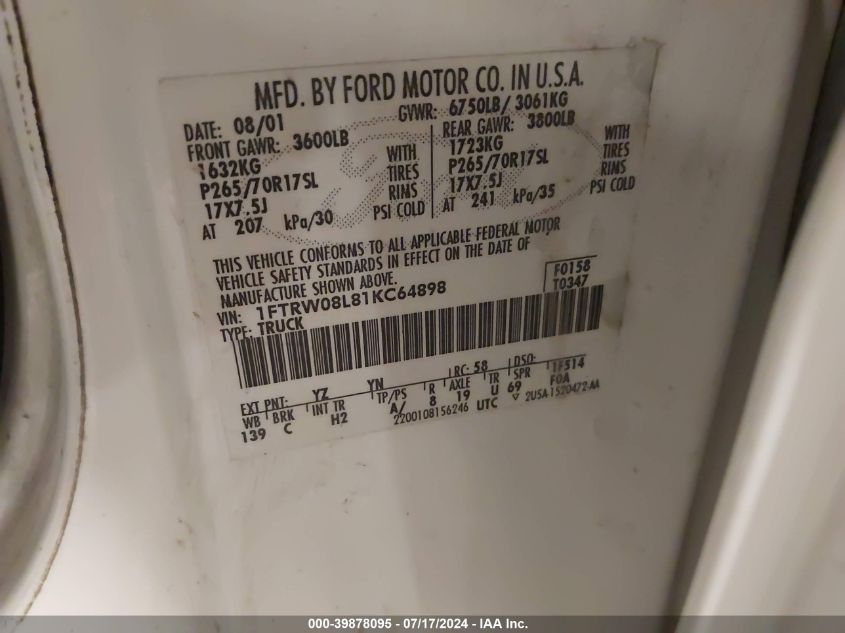 2001 Ford F-150 King Ranch Edition/Lariat/Xlt VIN: 1FTRW08L81KC64898 Lot: 39878095