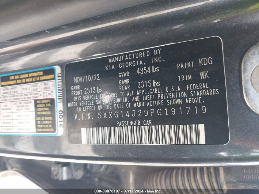 2023 Kia K5 Lxs VIN: 5XXG14J29PG191719 Lot: 39878107