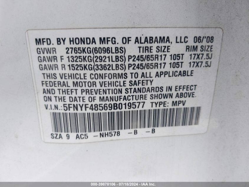 2009 Honda Pilot Exl VIN: 5FNYF48569B019577 Lot: 39878106