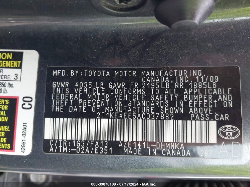 2010 Toyota Corolla Matrix S VIN: 2T1KE4EE5AC037882 Lot: 39878109