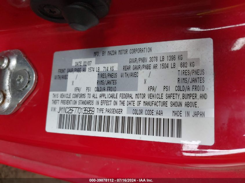 2007 Mazda Mx-5 Grand Touring VIN: JM1NC25F770135959 Lot: 39878112