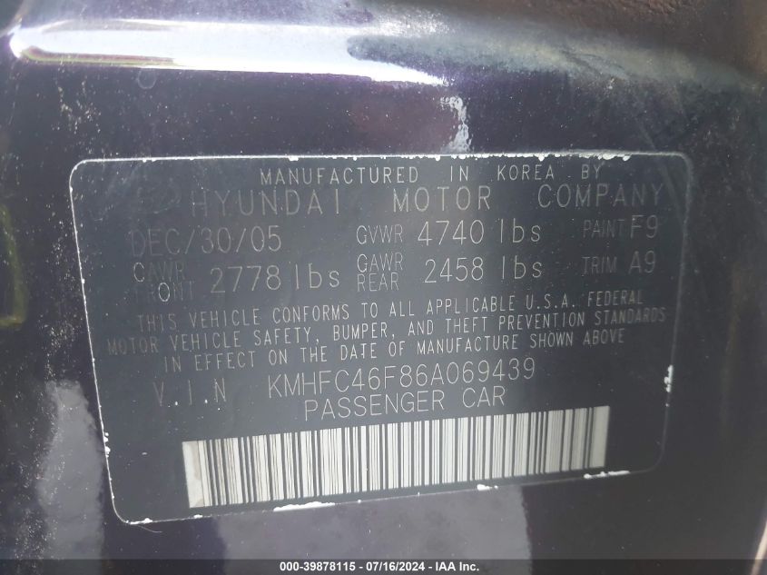 KMHFC46F86A069439 2006 Hyundai Azera Limited/Se