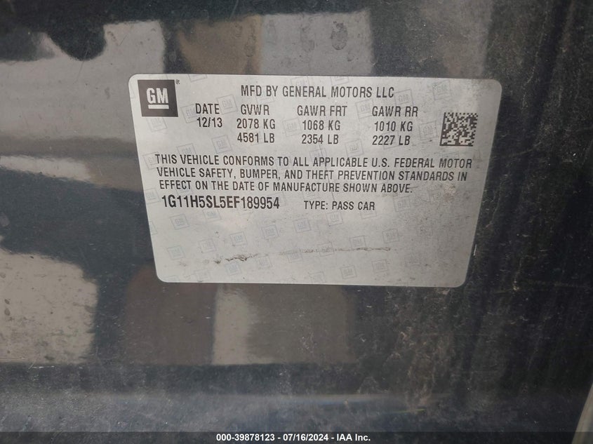 2014 Chevrolet Malibu 1Lz VIN: 1G11H5SL5EF189954 Lot: 39878123
