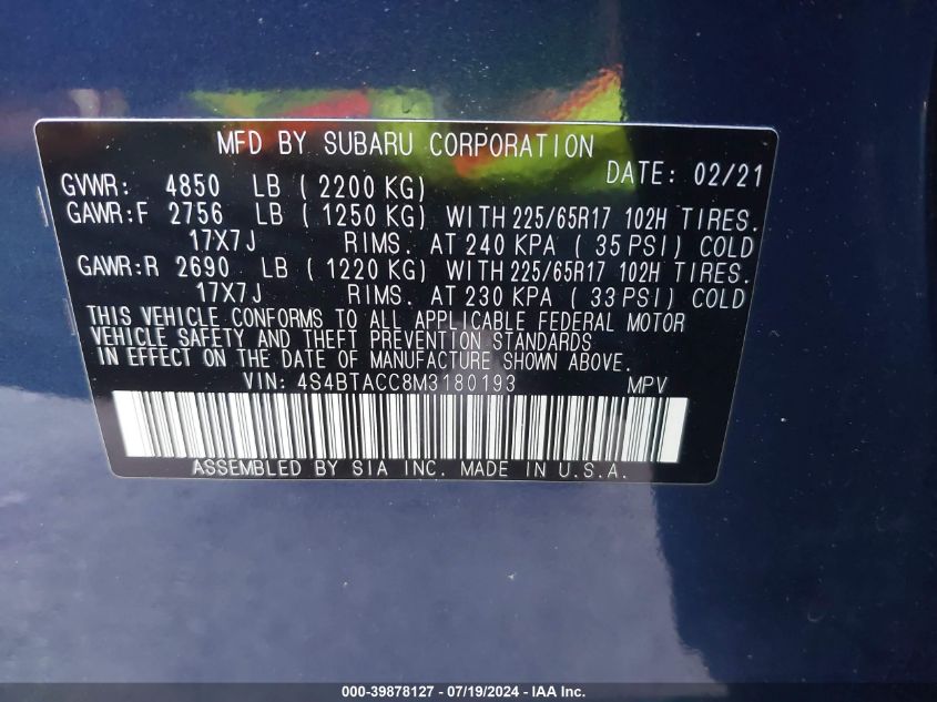 4S4BTACC8M3180193 Subaru Outback PREMIUM 9