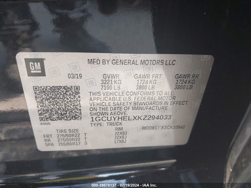 2019 CHEVROLET SILVERADO 1500 HIGH COUNTRY - 1GCUYHELXKZ294033