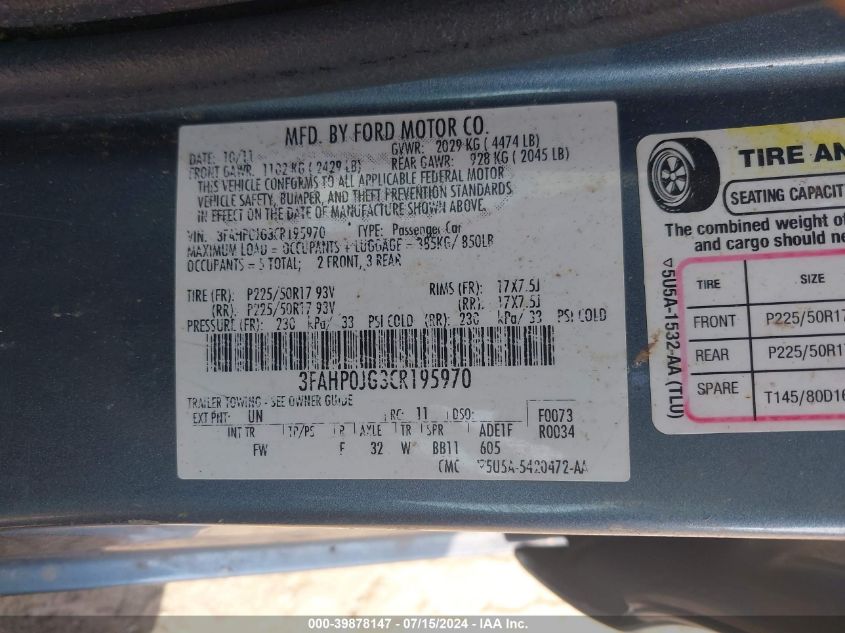 2012 Ford Fusion Sel VIN: 3FAHP0JG3CR195970 Lot: 39878147