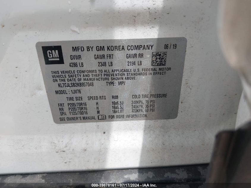 2019 Chevrolet Trax 1Lt VIN: KL7CJLSB2KB957048 Lot: 39878161