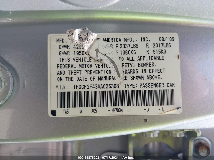 2010 Honda Accord 2.4 Lx-P VIN: 1HGCP2F43AA025308 Lot: 39878202