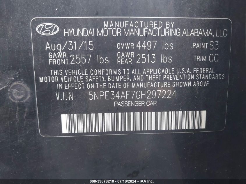 2016 Hyundai Sonata Limited VIN: 5NPE34AF7GH297224 Lot: 39878210