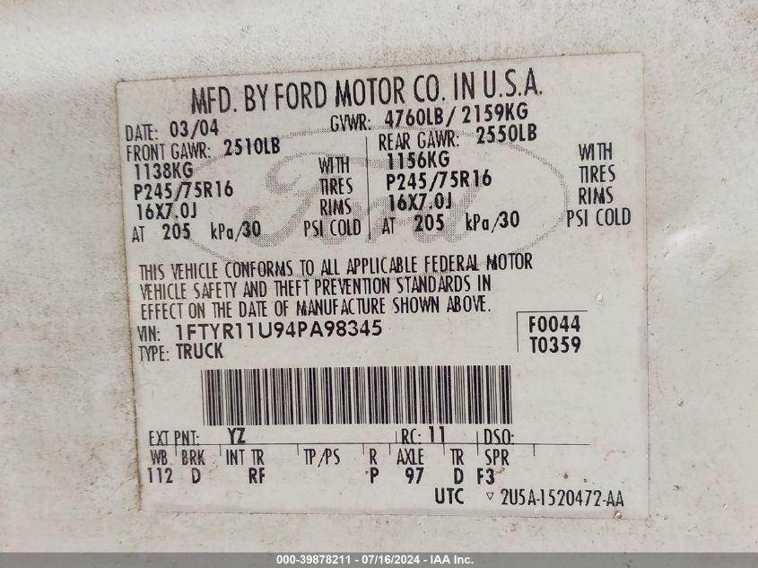 2004 Ford Ranger Edge VIN: 1FTYR11U94PA98345 Lot: 39878211