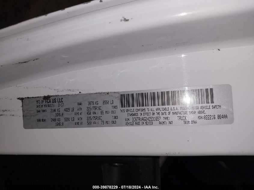 2017 Ram Promaster 1500 Low Roof 136 Wb VIN: 3C6TRVAG2HE531657 Lot: 39878229