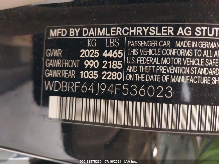 2004 Mercedes-Benz C 320 Sport VIN: WDBRF64J94F536023 Lot: 39878230