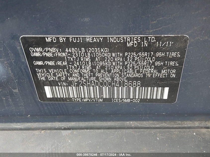 2012 Subaru Forester 2.5X Premium VIN: JF2SHADC0CH418688 Lot: 39878246