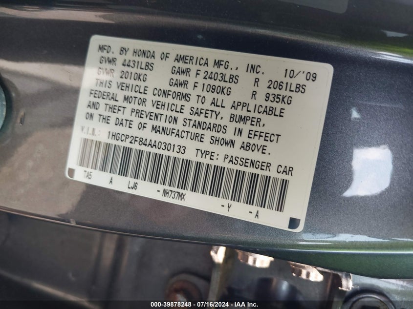 2010 Honda Accord Sdn 2.4 Ex-L/Ex-L VIN: 1HGCP2F84AA030133 Lot: 39878248