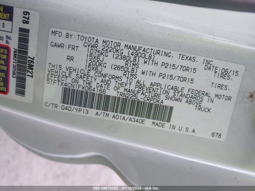 2015 Toyota Tacoma VIN: 5TFTX4CN1FX064166 Lot: 39878252