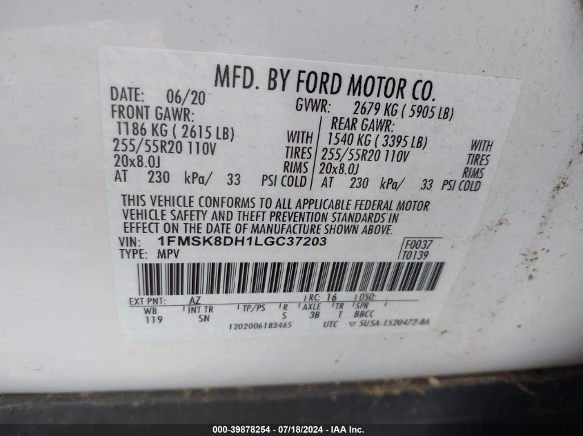 2020 Ford Explorer Xlt VIN: 1FMSK8DH1LGC37203 Lot: 39878254