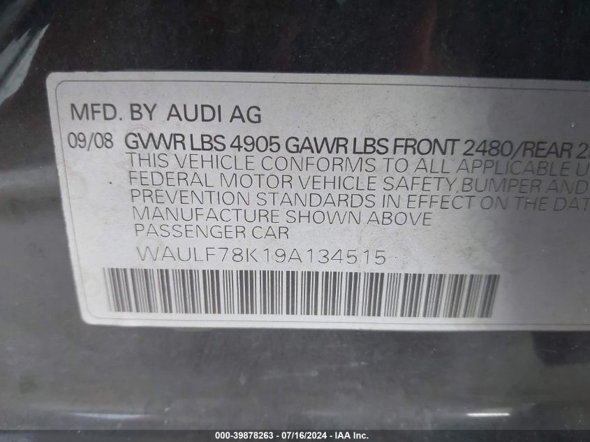 2009 Audi A4 2.0T Quattro VIN: WAULF78K19A134515 Lot: 39878263