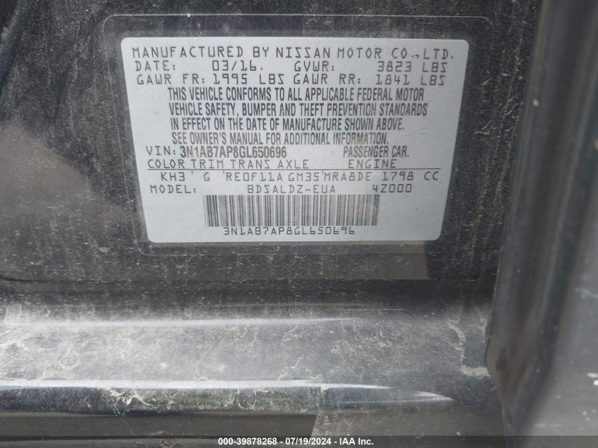 2016 Nissan Sentra Fe+ S/S/Sl/Sr/Sv VIN: 3N1AB7AP8GL650696 Lot: 39878268